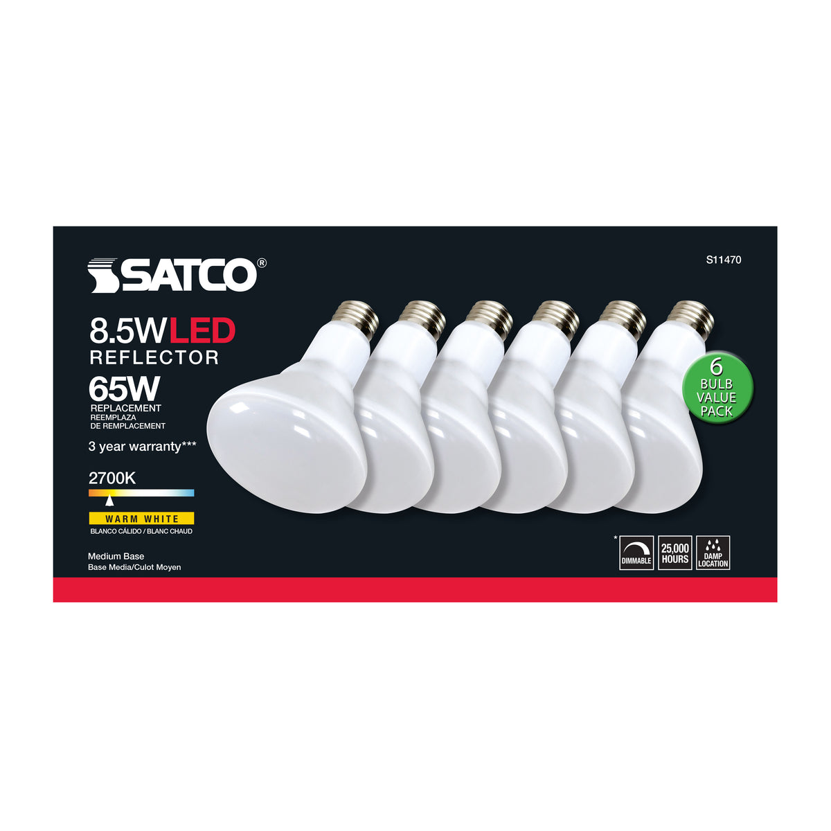 8.5 Watt - BR30 LED - 2700K - 80 CRI - Medium Base - 120 Volts - Dimmable - 6-pack