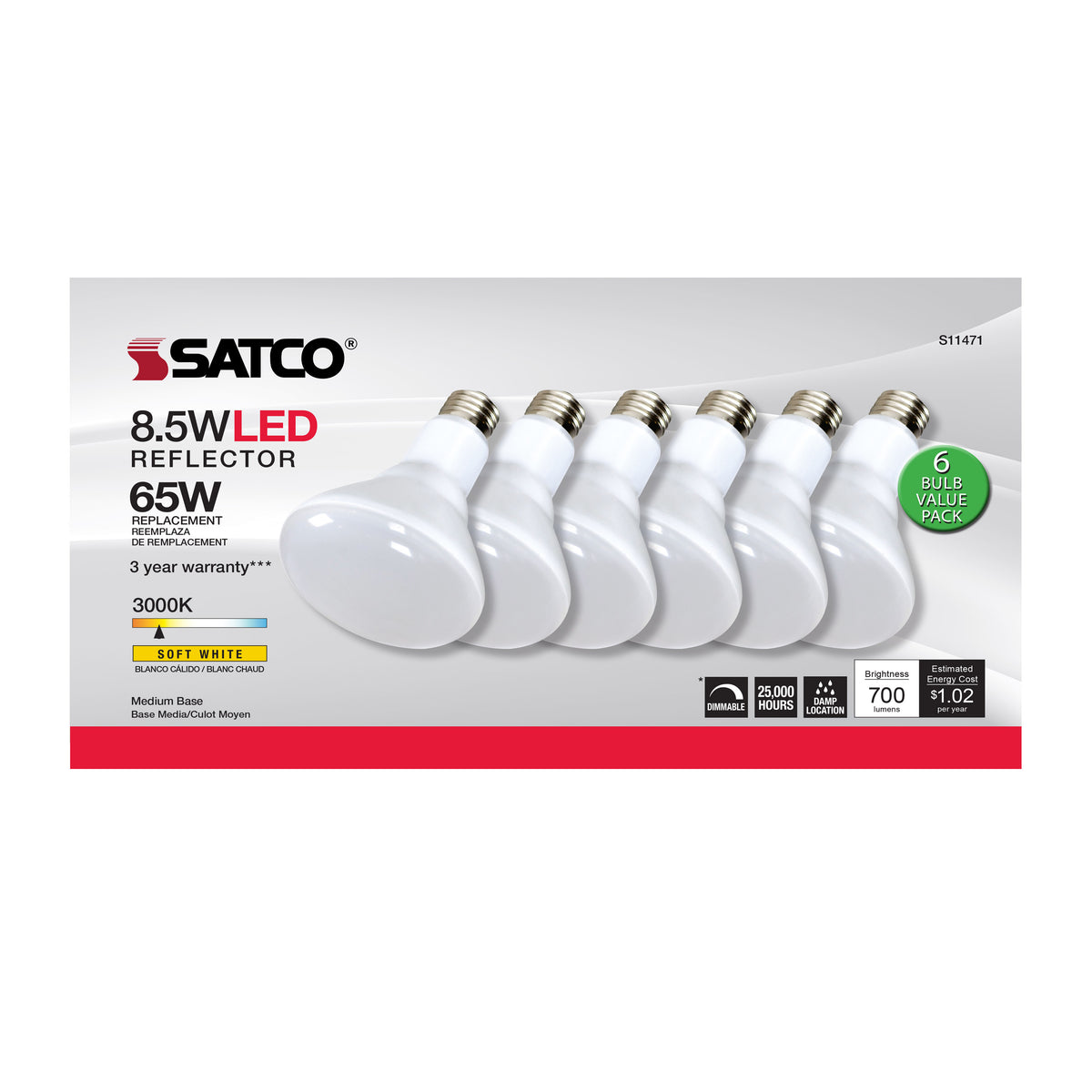 8.5 Watt - BR30 LED - 3000K - 80 CRI - Medium Base - 120 Volts - Dimmable - 6-pack