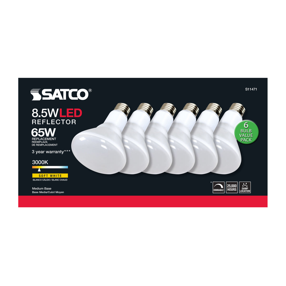 8.5 Watt - BR30 LED - 3000K - 80 CRI - Medium Base - 120 Volts - Dimmable - 6-pack