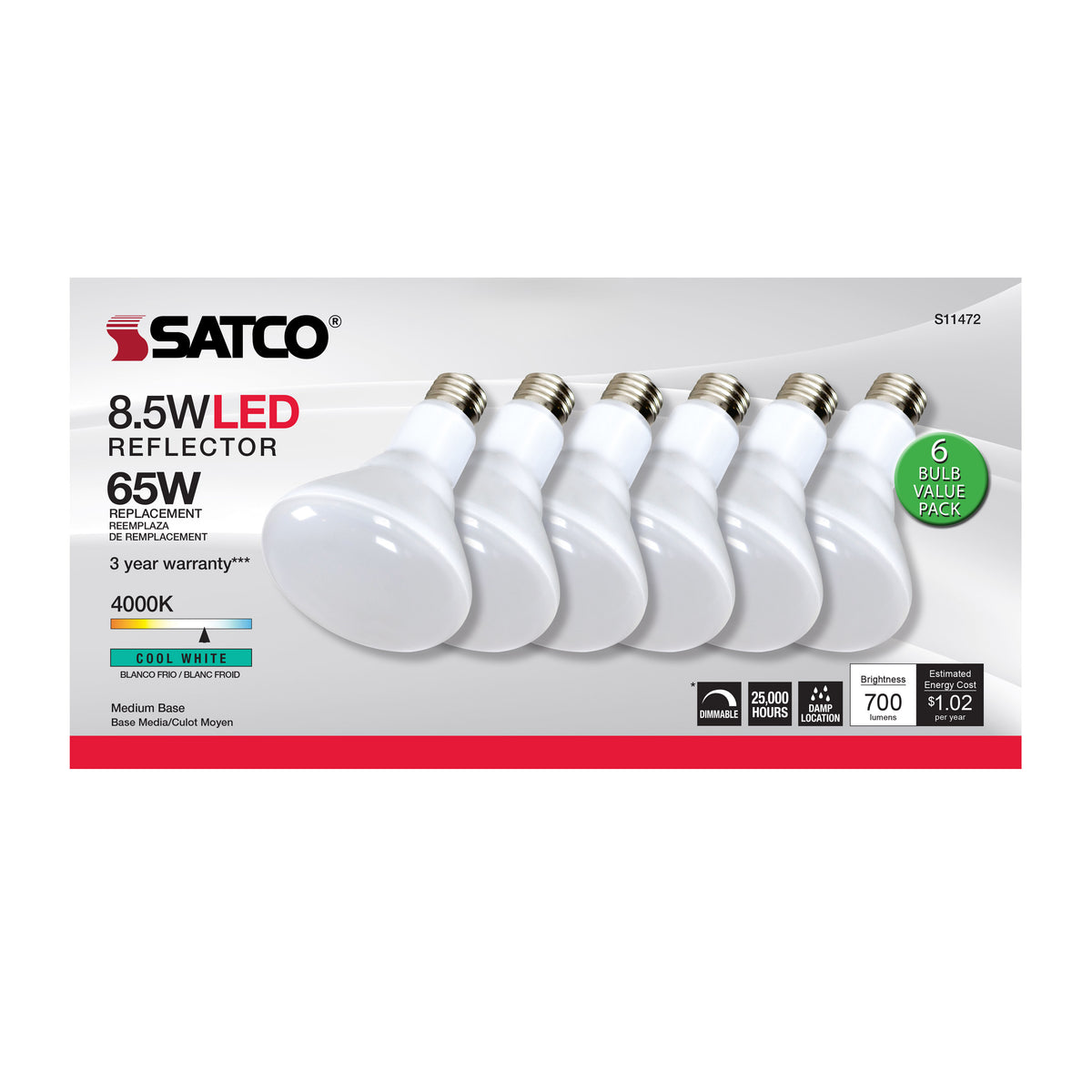 8.5 Watt - BR30 LED - 4000K - 80 CRI - Medium Base - 120 Volts - Dimmable - 6-pack
