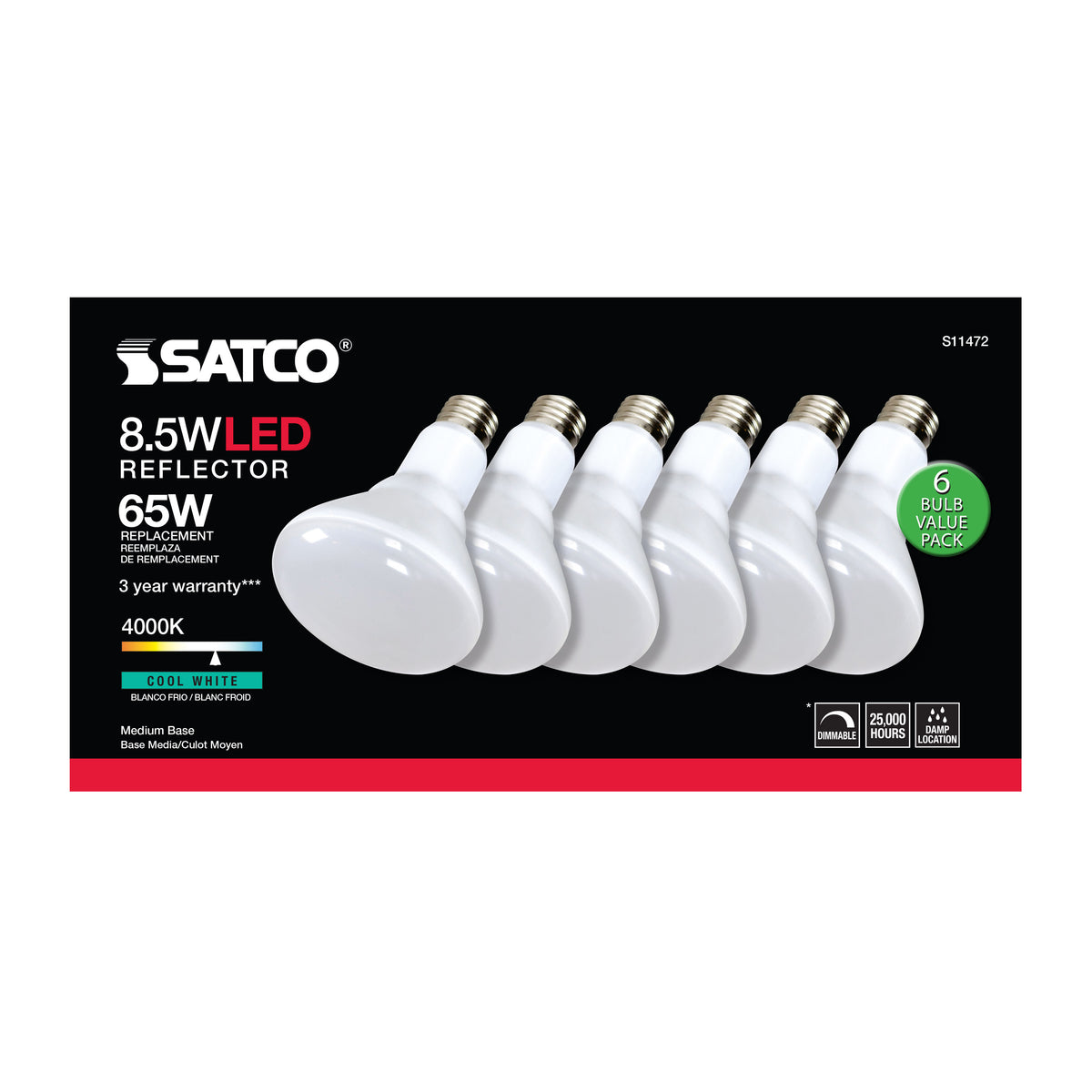 8.5 Watt - BR30 LED - 4000K - 80 CRI - Medium Base - 120 Volts - Dimmable - 6-pack