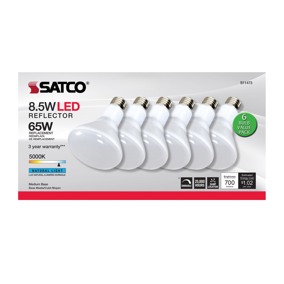 8.5 Watt - BR30 LED - 5000K - 80 CRI - Medium Base - 120 Volts - Dimmable - 6-pack