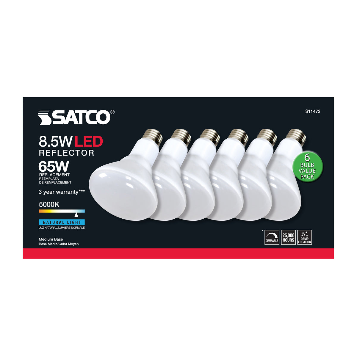 8.5 Watt - BR30 LED - 5000K - 80 CRI - Medium Base - 120 Volts - Dimmable - 6-pack