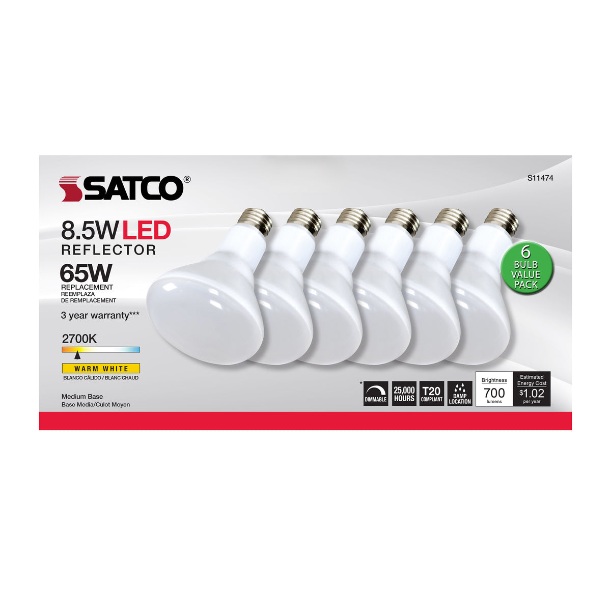 8.5 Watt - BR30 LED - 2700K - 90 CRI - Medium Base - 120 Volts - Dimmable - 6-pack