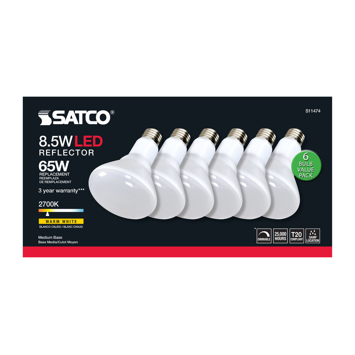 8.5 Watt - BR30 LED - 2700K - 90 CRI - Medium Base - 120 Volts - Dimmable - 6-pack