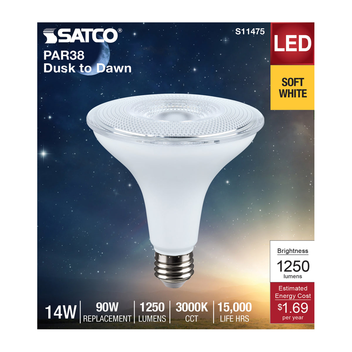 14 Watt Dusk to Dawn LED - PAR38 - 3000K - Medium Base - White Finish - 120 Volt