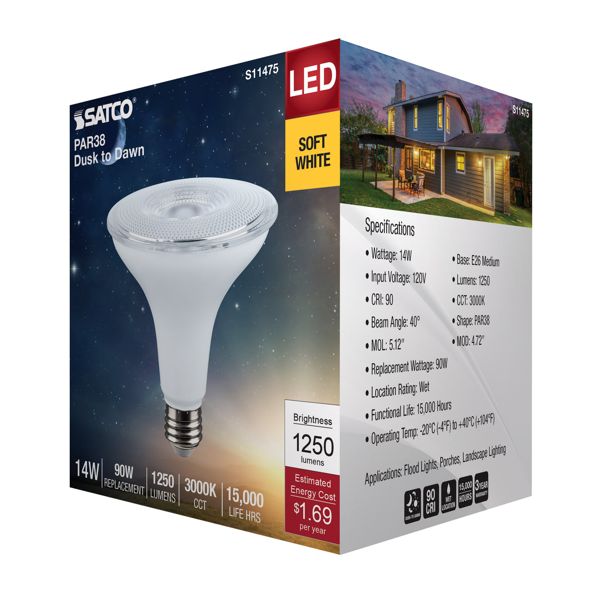 14 Watt Dusk to Dawn LED - PAR38 - 3000K - Medium Base - White Finish - 120 Volt