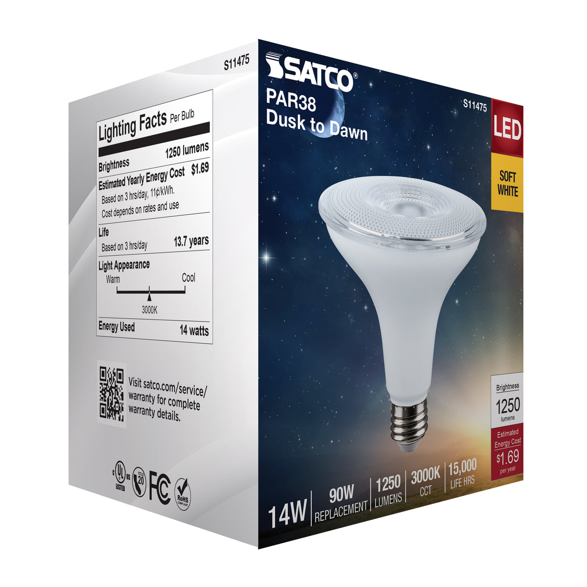 14 Watt Dusk to Dawn LED - PAR38 - 3000K - Medium Base - White Finish - 120 Volt