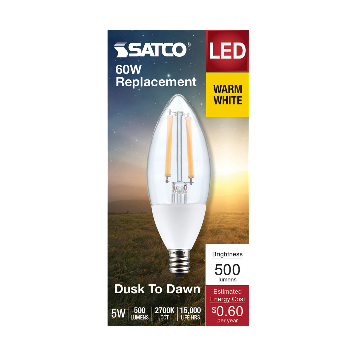 5 Watt B11 - Dusk to Dawn LED Filament - 2700K - Candelabra Base - 120 Volt - 90 CRI - With Photocell