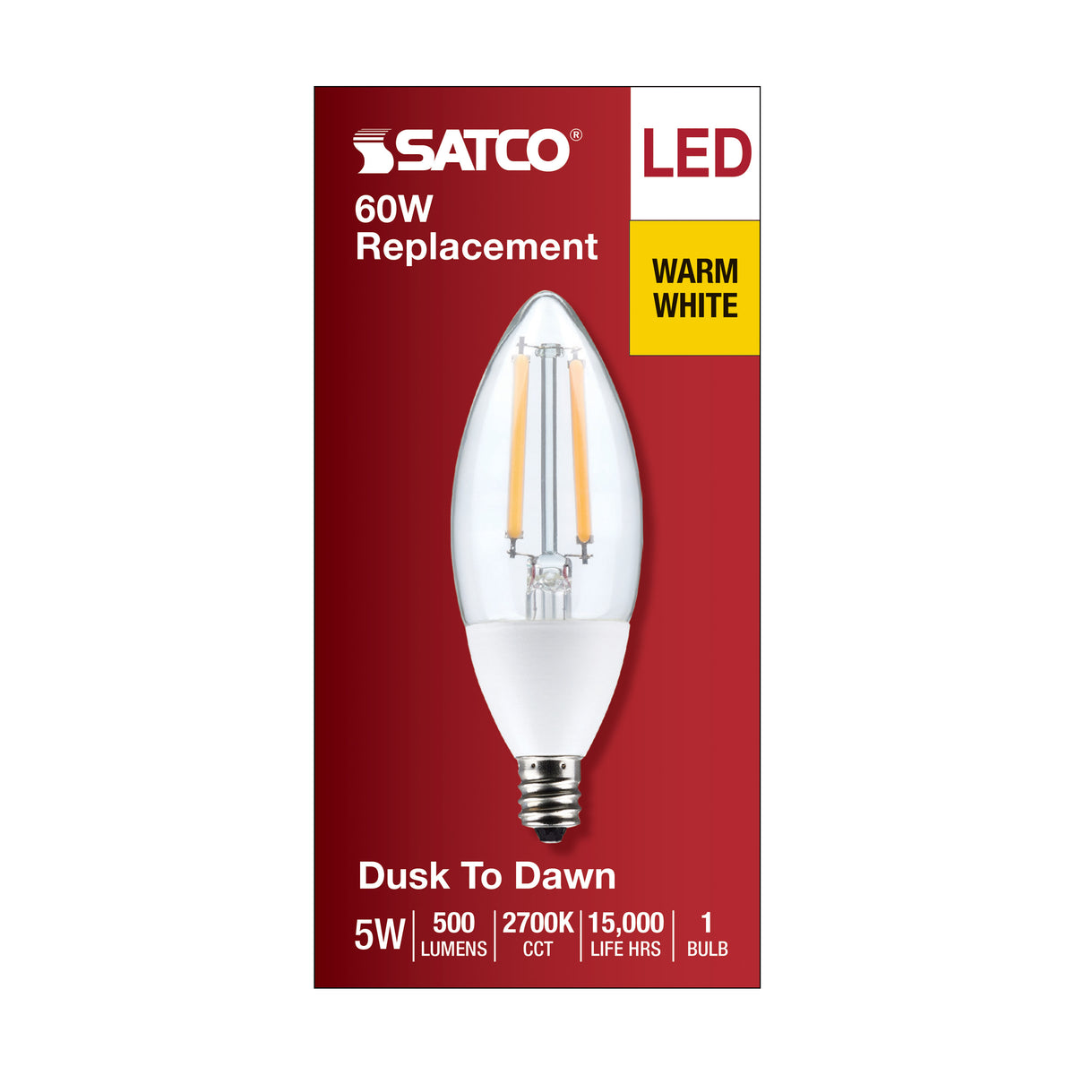 5 Watt B11 - Dusk to Dawn LED Filament - 2700K - Candelabra Base - 120 Volt - 90 CRI - With Photocell