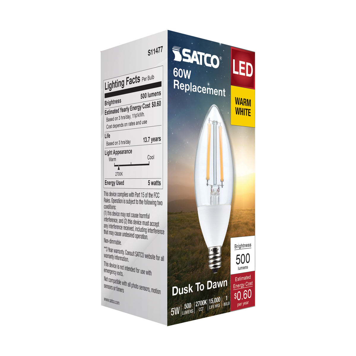 5 Watt B11 - Dusk to Dawn LED Filament - 2700K - Candelabra Base - 120 Volt - 90 CRI - With Photocell