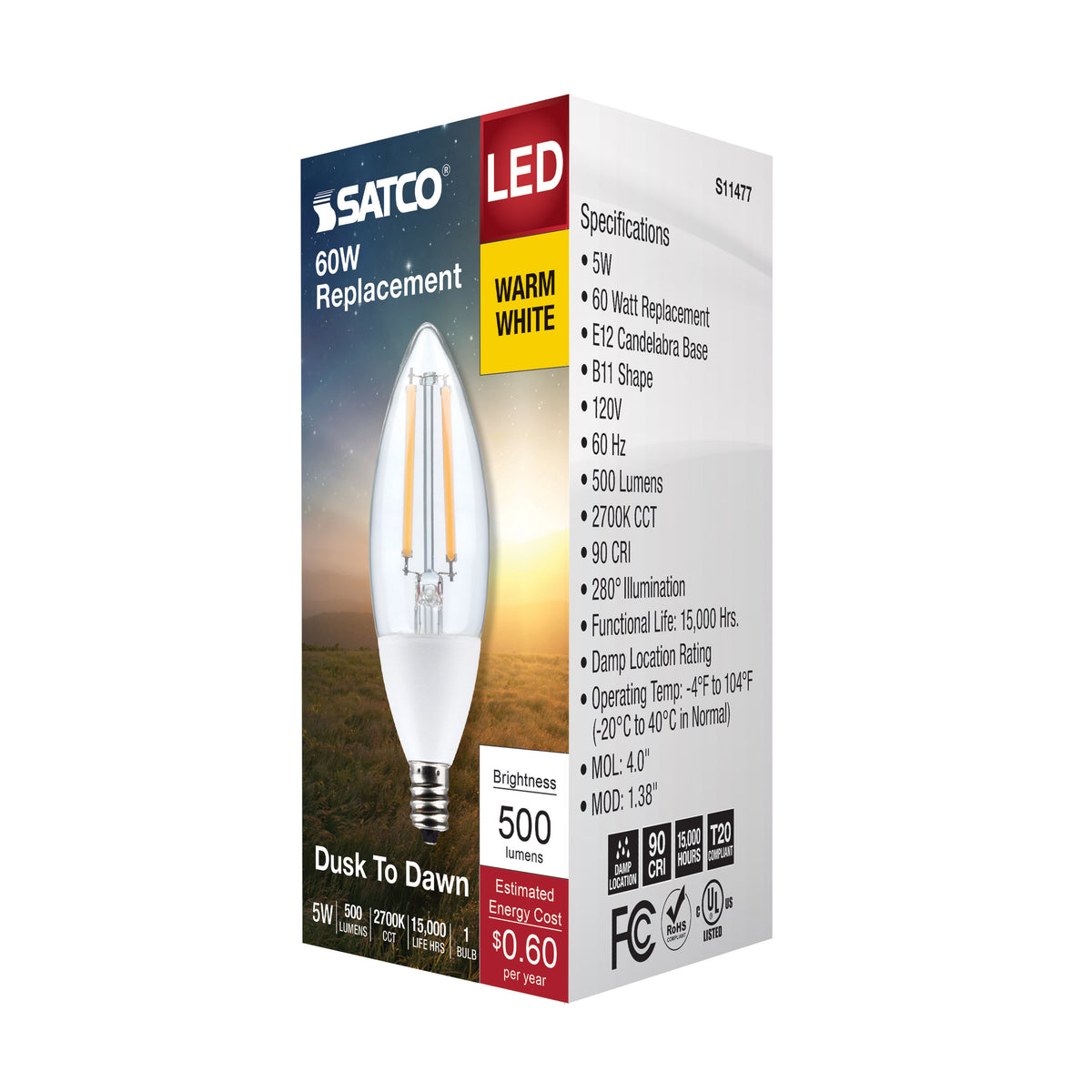 5 Watt B11 - Dusk to Dawn LED Filament - 2700K - Candelabra Base - 120 Volt - 90 CRI - With Photocell