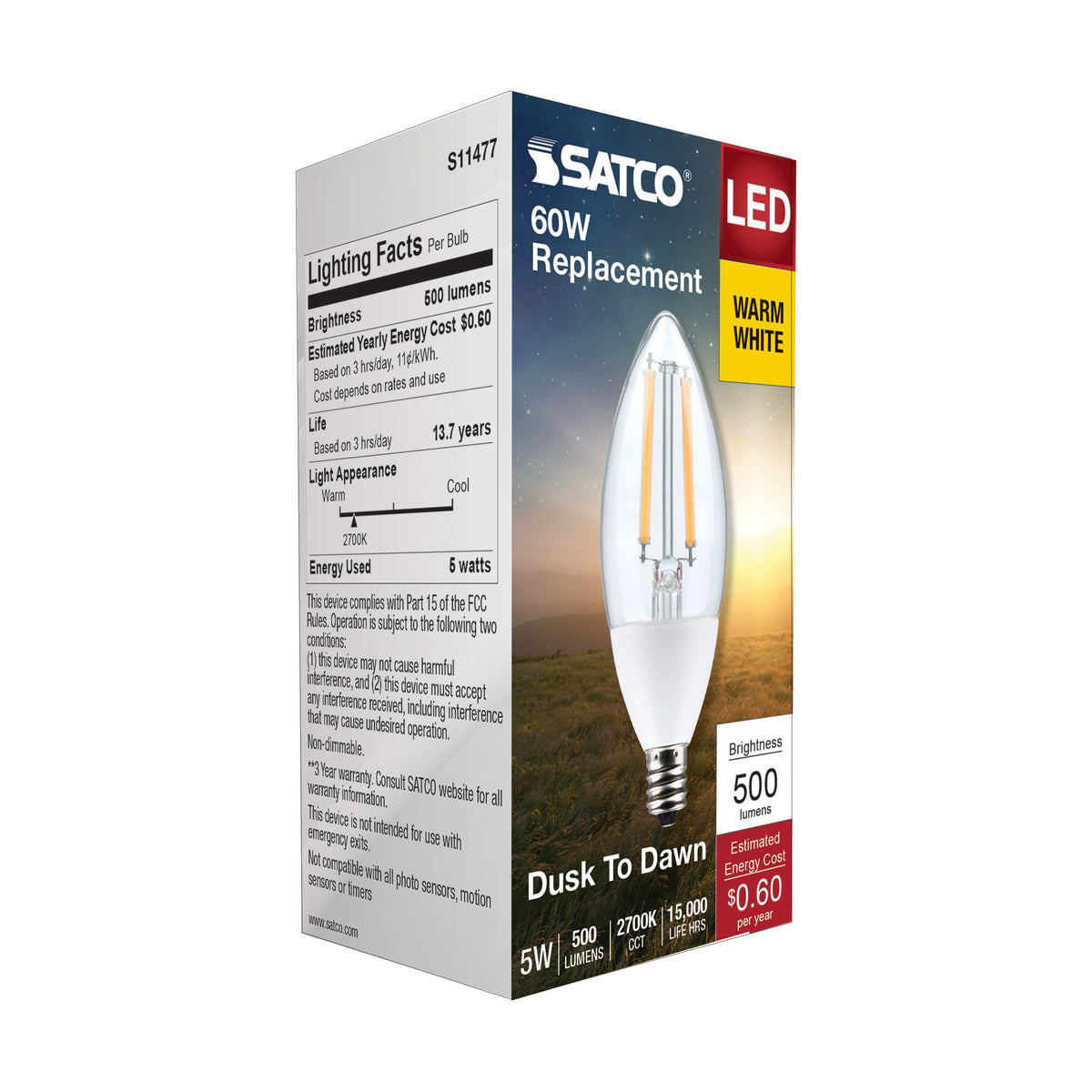 5 Watt B11 - Dusk to Dawn LED Filament - 2700K - Candelabra Base - 120 Volt - 90 CRI - With Photocell