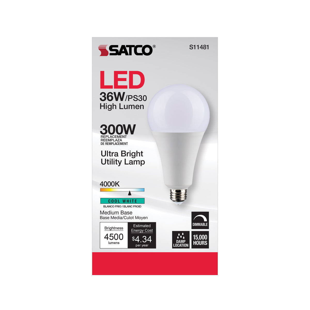 Ultra Bright Utility Lamp - 36 Watt - PS30 LED - Dimmable - Frost Finish - Medium Base - 4000K - 120 Volt - High Lumen