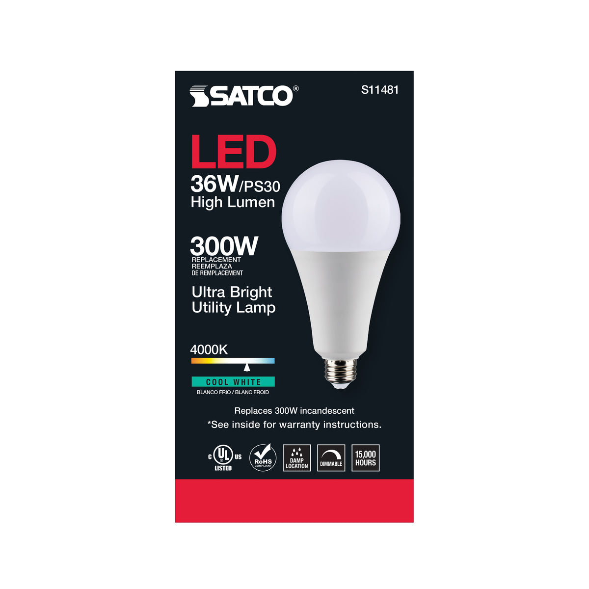 Ultra Bright Utility Lamp - 36 Watt - PS30 LED - Dimmable - Frost Finish - Medium Base - 4000K - 120 Volt - High Lumen