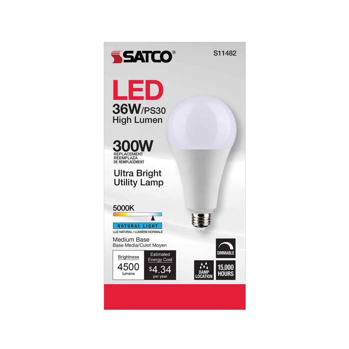 Ultra Bright Utility Lamp - 36 Watt - PS30 LED - Dimmable - Frost Finish - Medium Base - 5000K - 120 Volt - High Lumen
