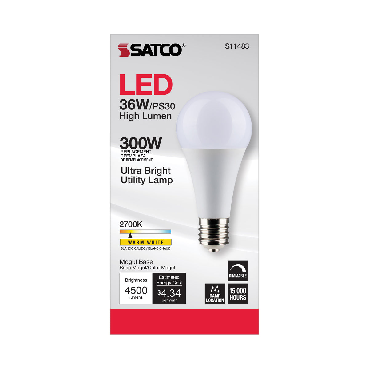 Ultra Bright Utility Lamp - 36 Watt - PS30 LED - Dimmable - Frost Finish - Mogul Base - 2700K - 120 Volt - High Lumen