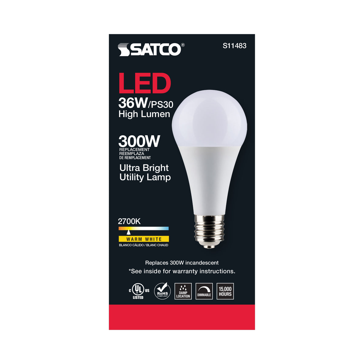 Ultra Bright Utility Lamp - 36 Watt - PS30 LED - Dimmable - Frost Finish - Mogul Base - 2700K - 120 Volt - High Lumen