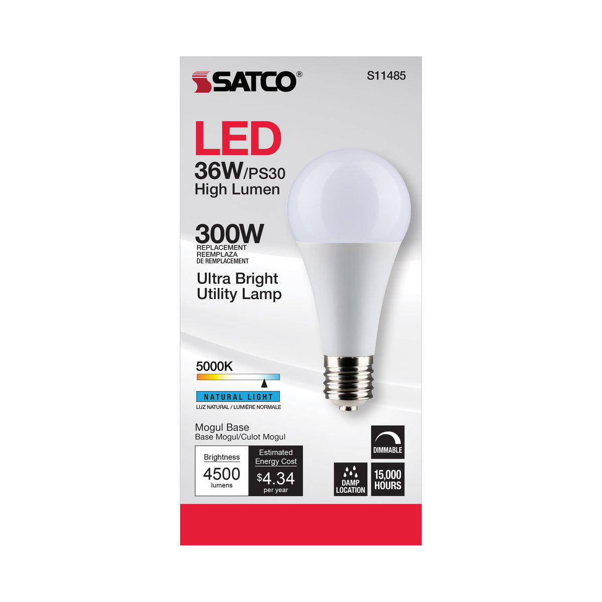 Ultra Bright Utility Lamp - 36 Watt - PS30 LED - Dimmable - Frost Finish - Mogul Base - 5000K - 120 Volt - High Lumen