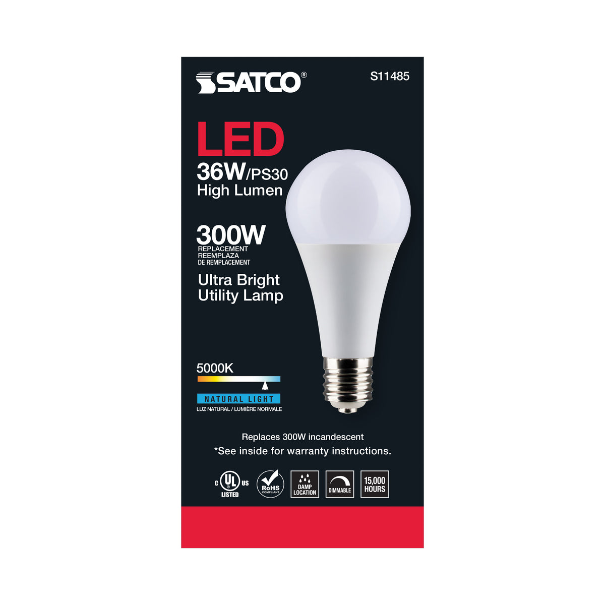 Ultra Bright Utility Lamp - 36 Watt - PS30 LED - Dimmable - Frost Finish - Mogul Base - 5000K - 120 Volt - High Lumen