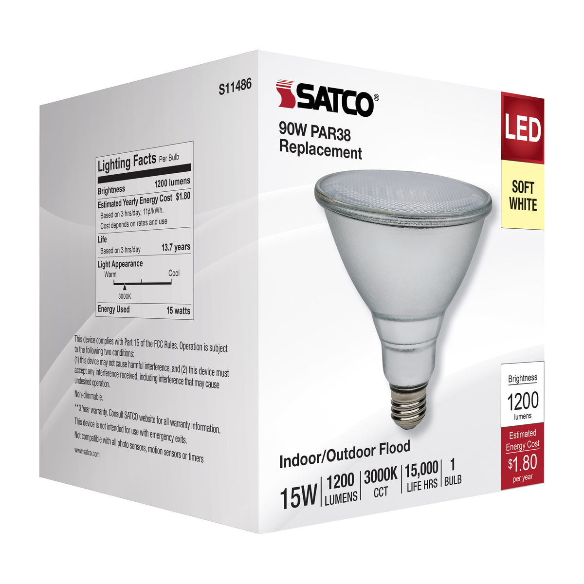 15 Watt PAR38 LED - 3000K - Medium Base - 120-277 Volt - 90 CRI