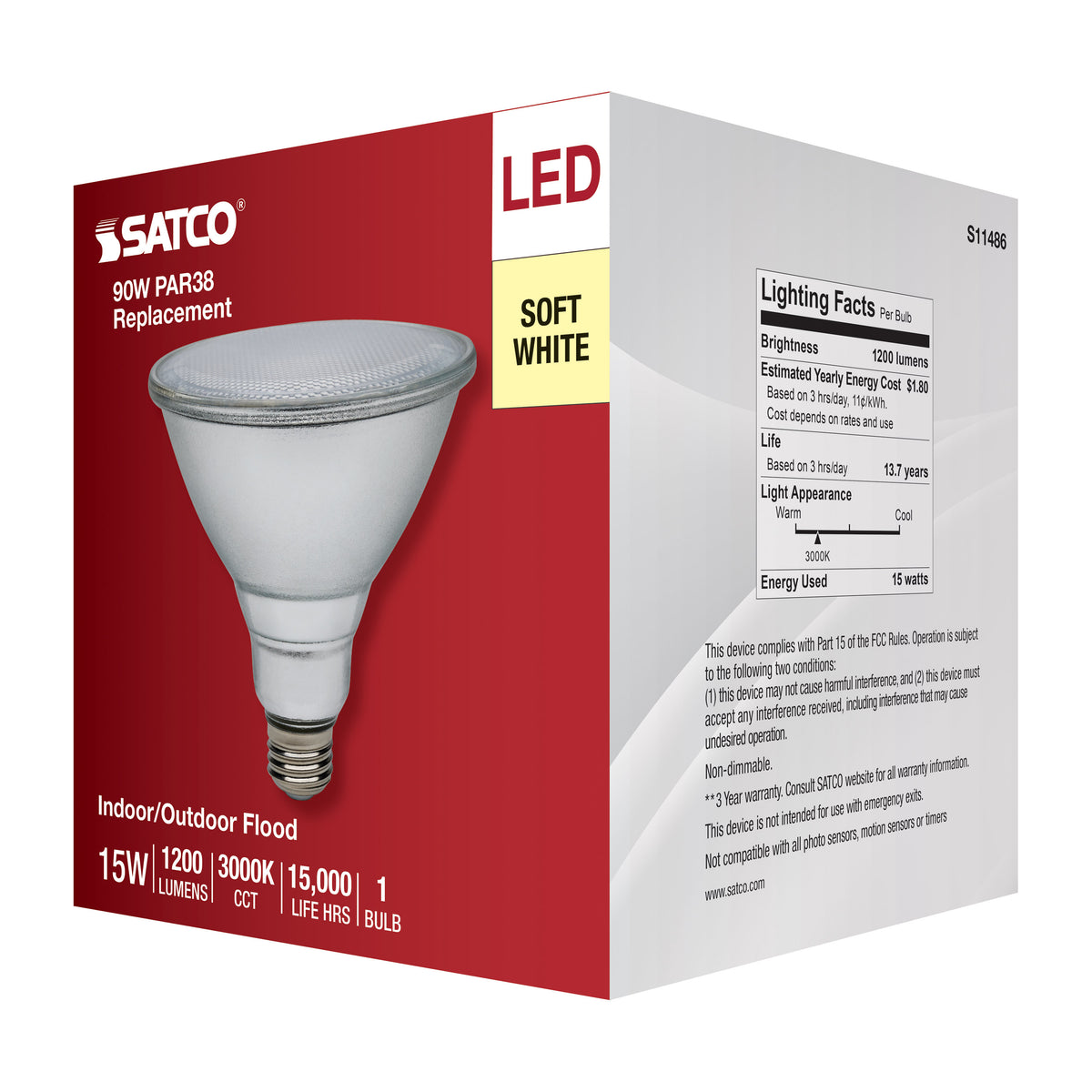 15 Watt PAR38 LED - 3000K - Medium Base - 120-277 Volt - 90 CRI
