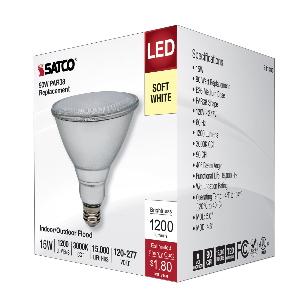15 Watt PAR38 LED - 3000K - Medium Base - 120-277 Volt - 90 CRI