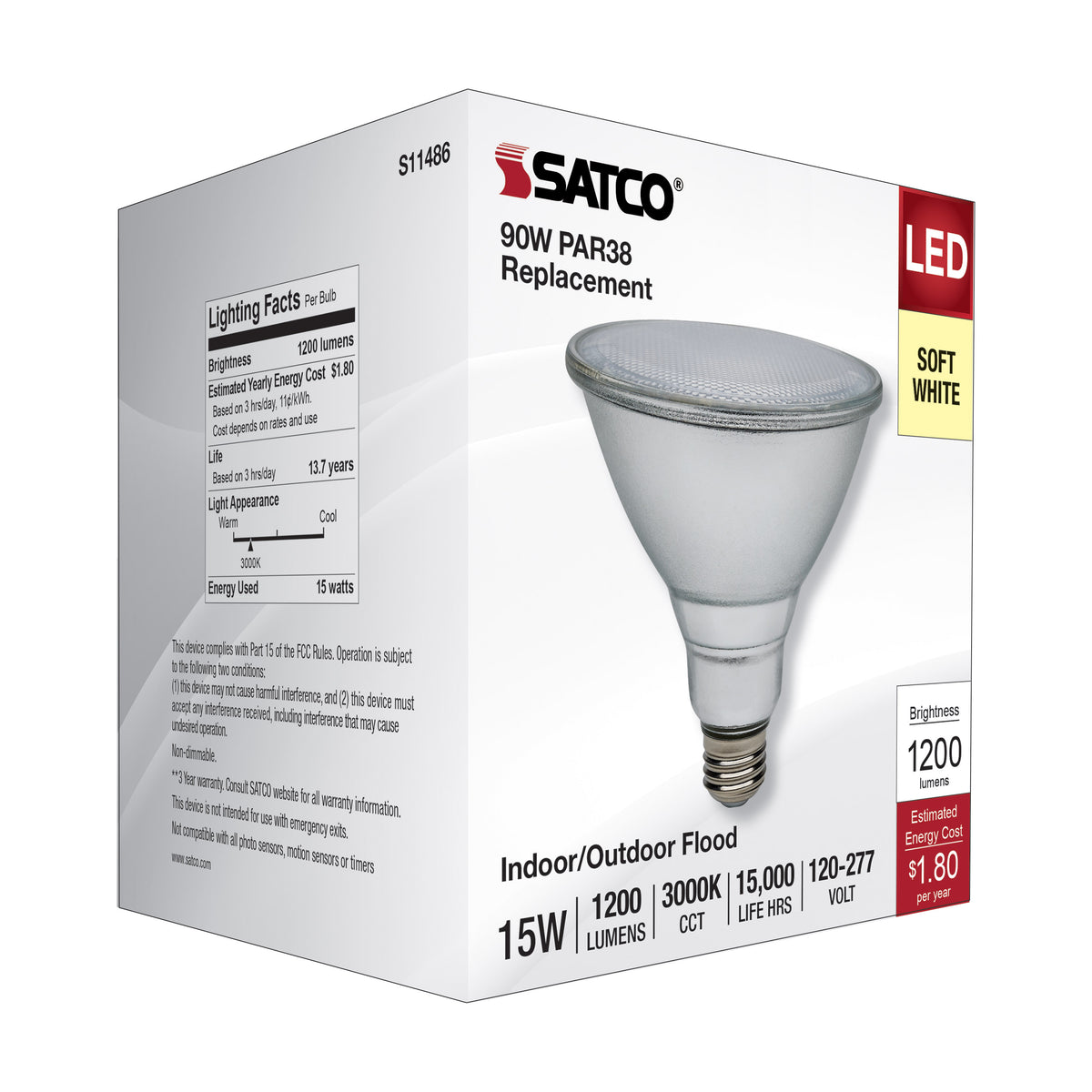 15 Watt PAR38 LED - 3000K - Medium Base - 120-277 Volt - 90 CRI