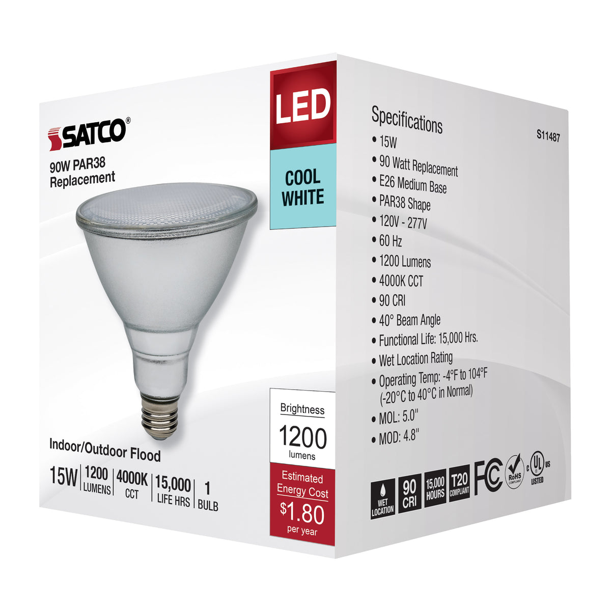 15 Watt PAR38 LED - 4000K - Medium Base - 120-277 Volt - 90 CRI