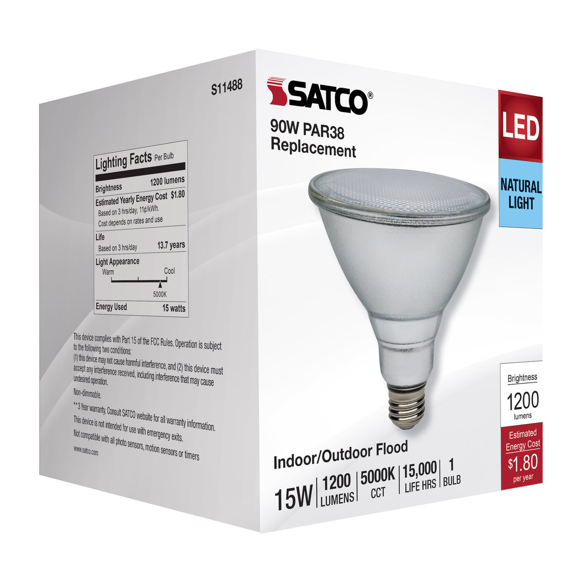 15 Watt PAR38 LED - 5000K - Medium Base - 120-277 Volt - 90 CRI
