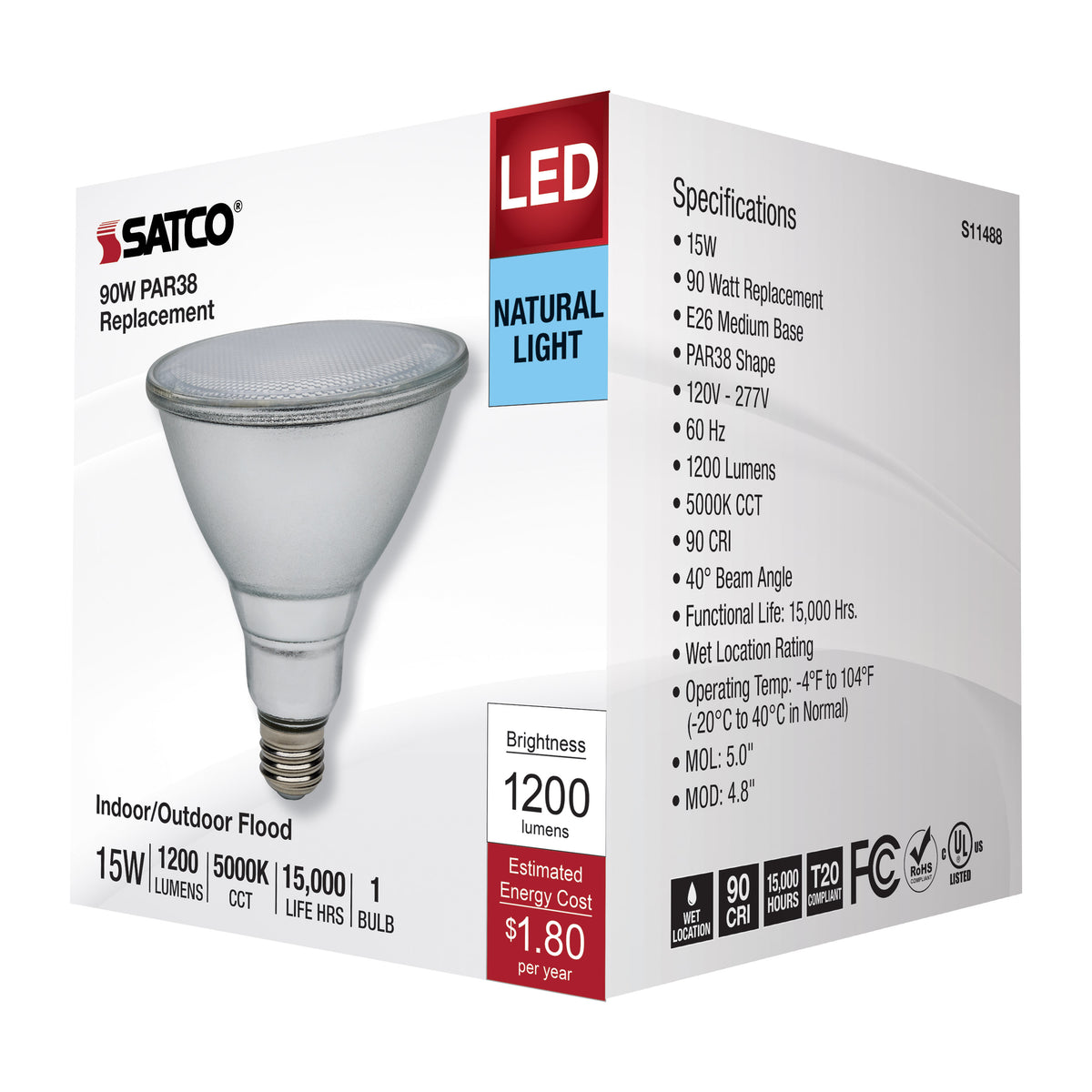 15 Watt PAR38 LED - 5000K - Medium Base - 120-277 Volt - 90 CRI