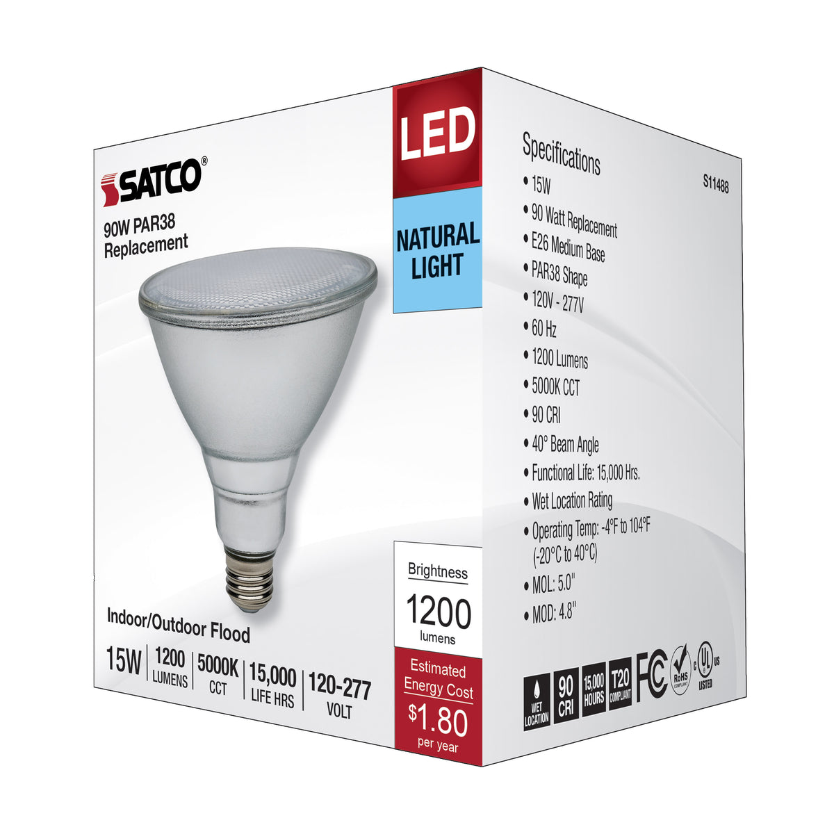 15 Watt PAR38 LED - 5000K - Medium Base - 120-277 Volt - 90 CRI