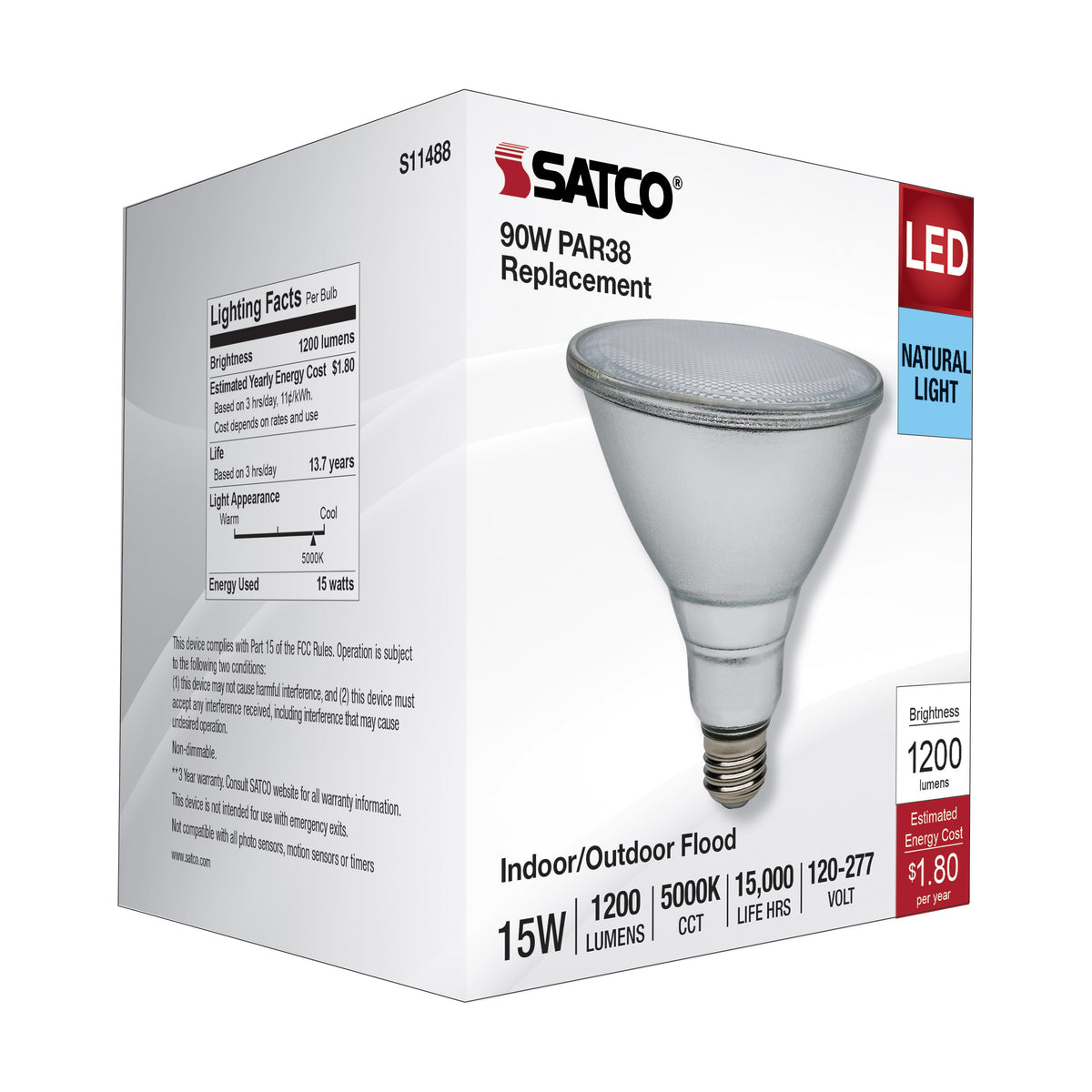 15 Watt PAR38 LED - 5000K - Medium Base - 120-277 Volt - 90 CRI