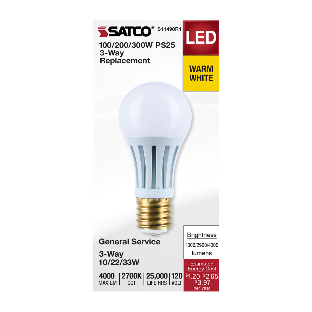 10/22/33 Wattage Selectable PS25 LED Three-Way Lamp - E39d Mogul Base - 2700K - Frost Finish - 120 Volt