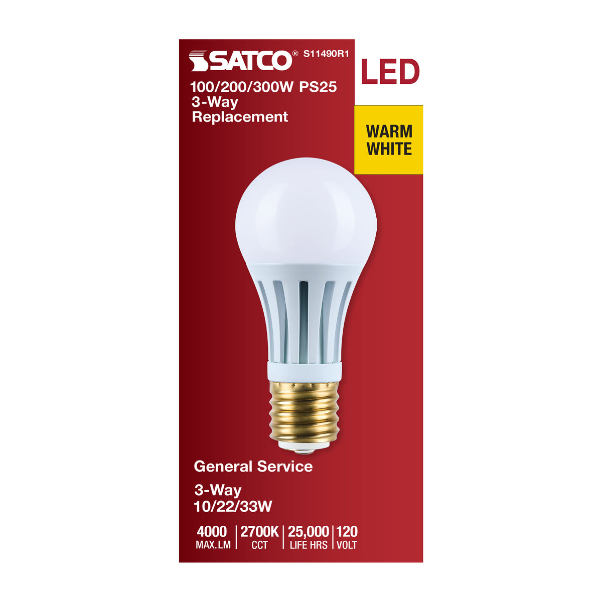 10/22/33 Wattage Selectable PS25 LED Three-Way Lamp - E39d Mogul Base - 2700K - Frost Finish - 120 Volt