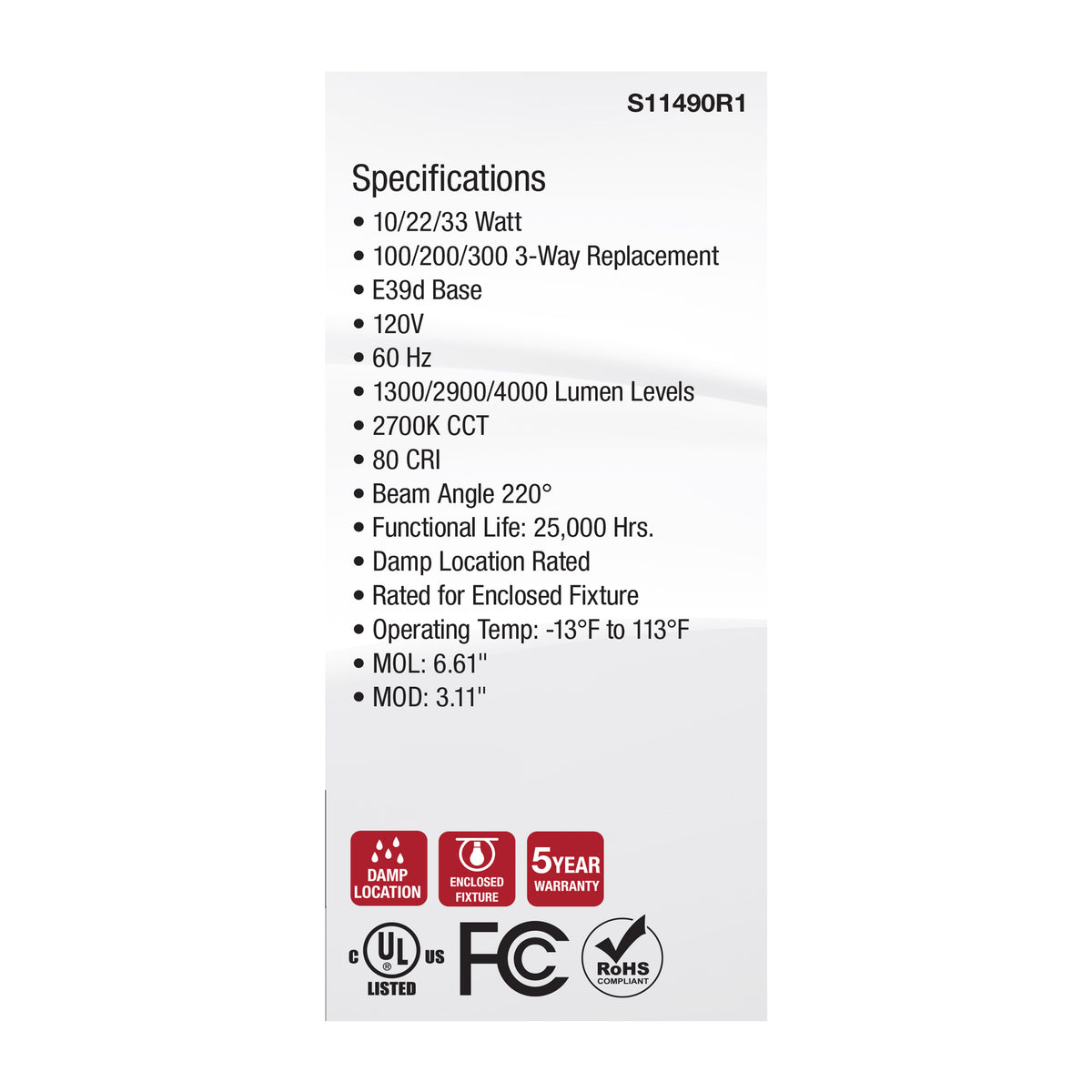 10/22/33 Wattage Selectable PS25 LED Three-Way Lamp - E39d Mogul Base - 2700K - Frost Finish - 120 Volt
