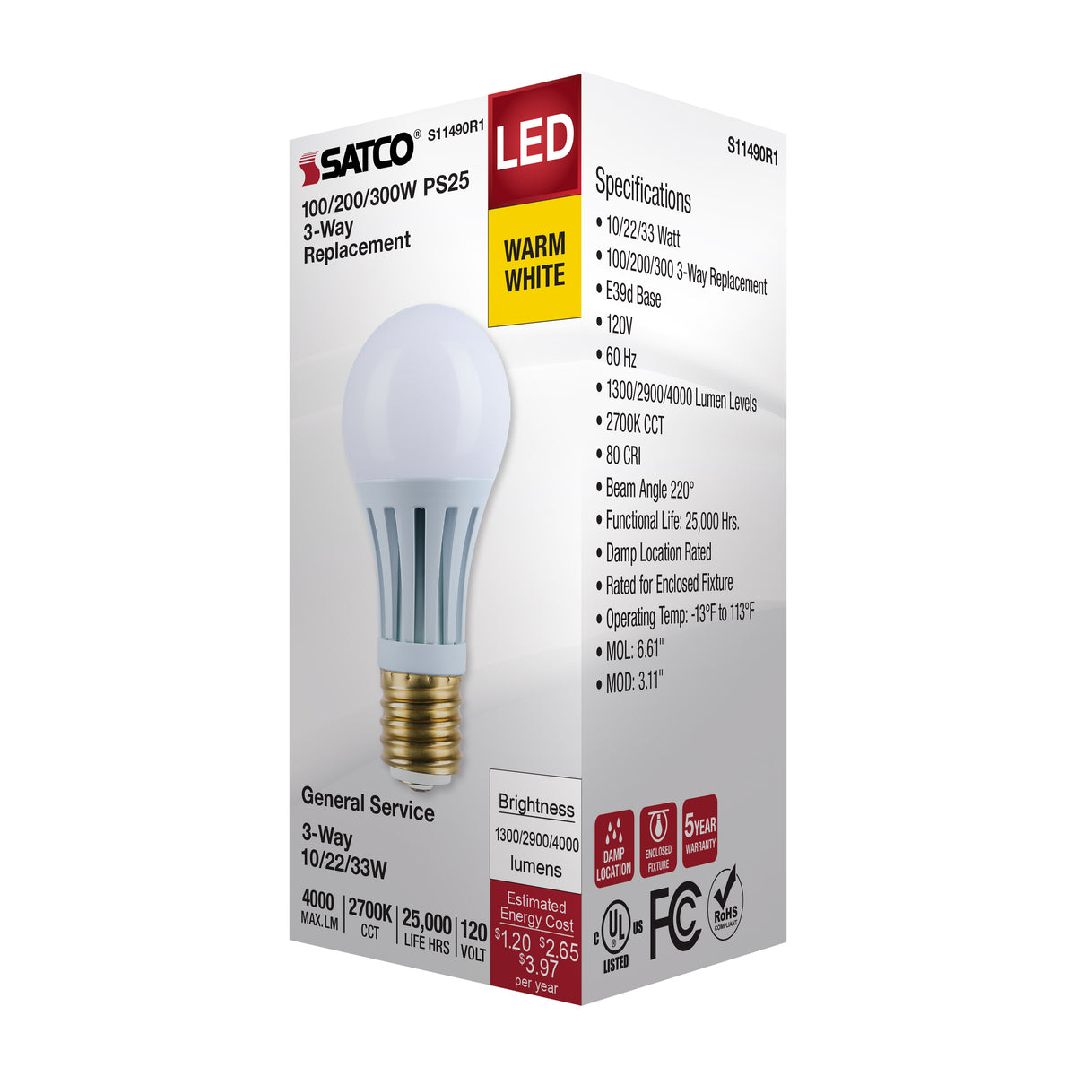 10/22/33 Wattage Selectable PS25 LED Three-Way Lamp - E39d Mogul Base - 2700K - Frost Finish - 120 Volt