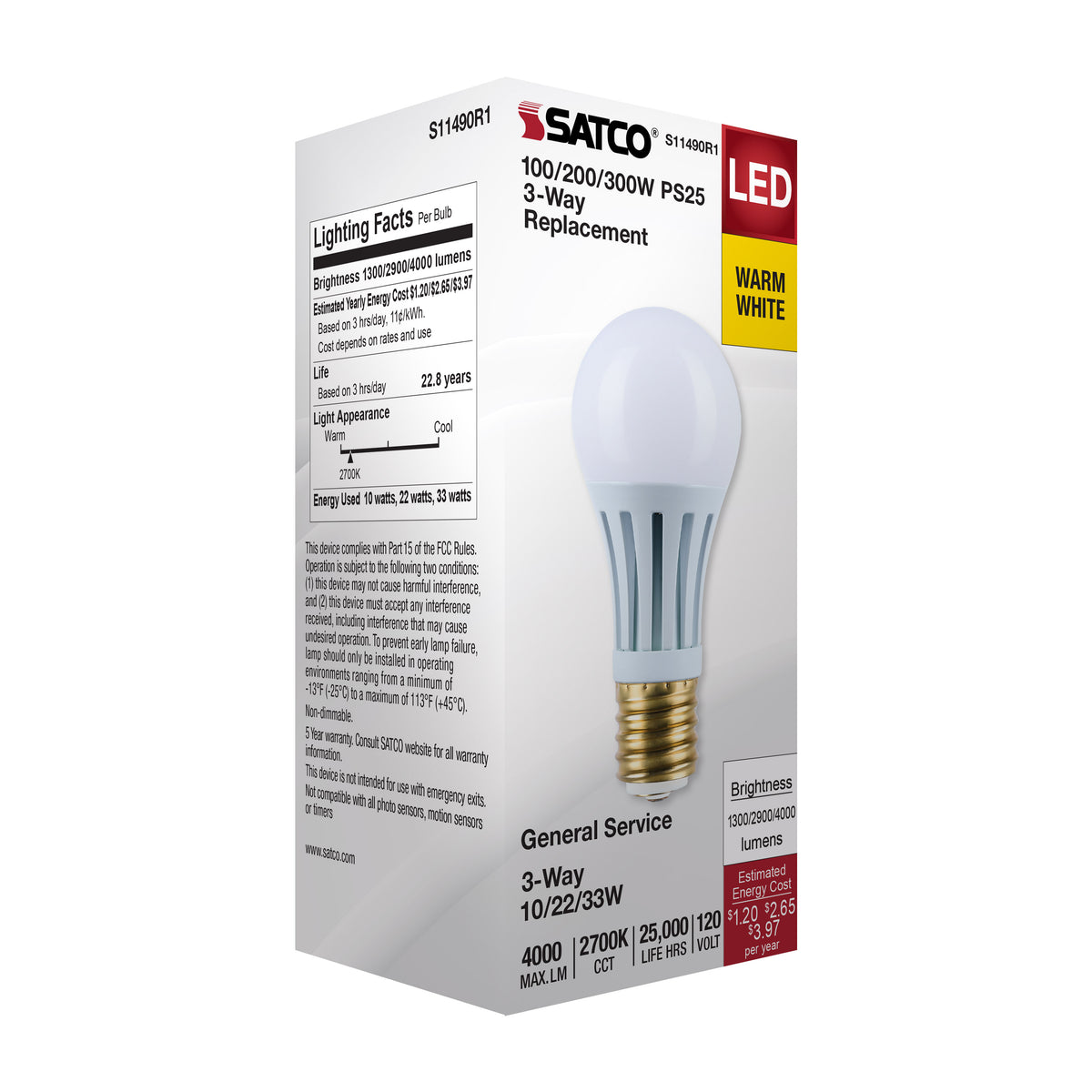 10/22/33 Wattage Selectable PS25 LED Three-Way Lamp - E39d Mogul Base - 2700K - Frost Finish - 120 Volt