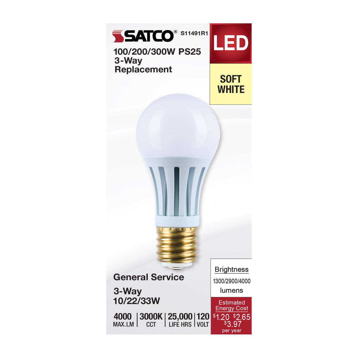 10/22/33 Wattage Selectable PS25 LED Three-Way Lamp - E39d Mogul Base - 3000K - Frost Finish - 120 Volt