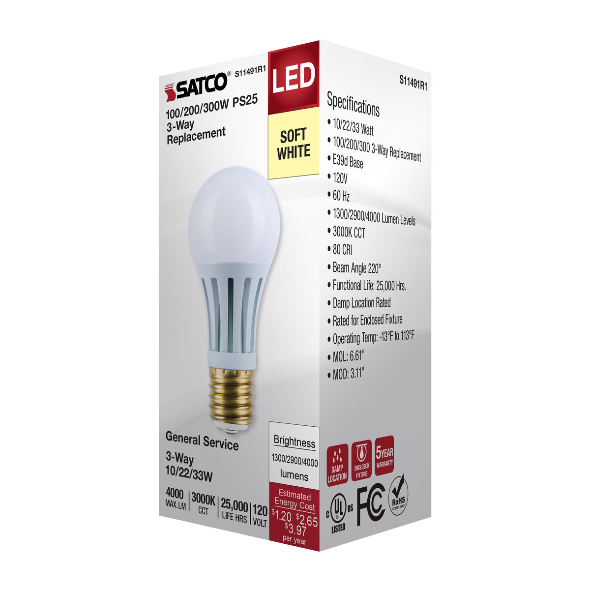 10/22/33 Wattage Selectable PS25 LED Three-Way Lamp - E39d Mogul Base - 3000K - Frost Finish - 120 Volt