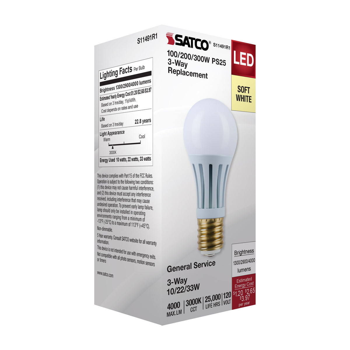 10/22/33 Wattage Selectable PS25 LED Three-Way Lamp - E39d Mogul Base - 3000K - Frost Finish - 120 Volt