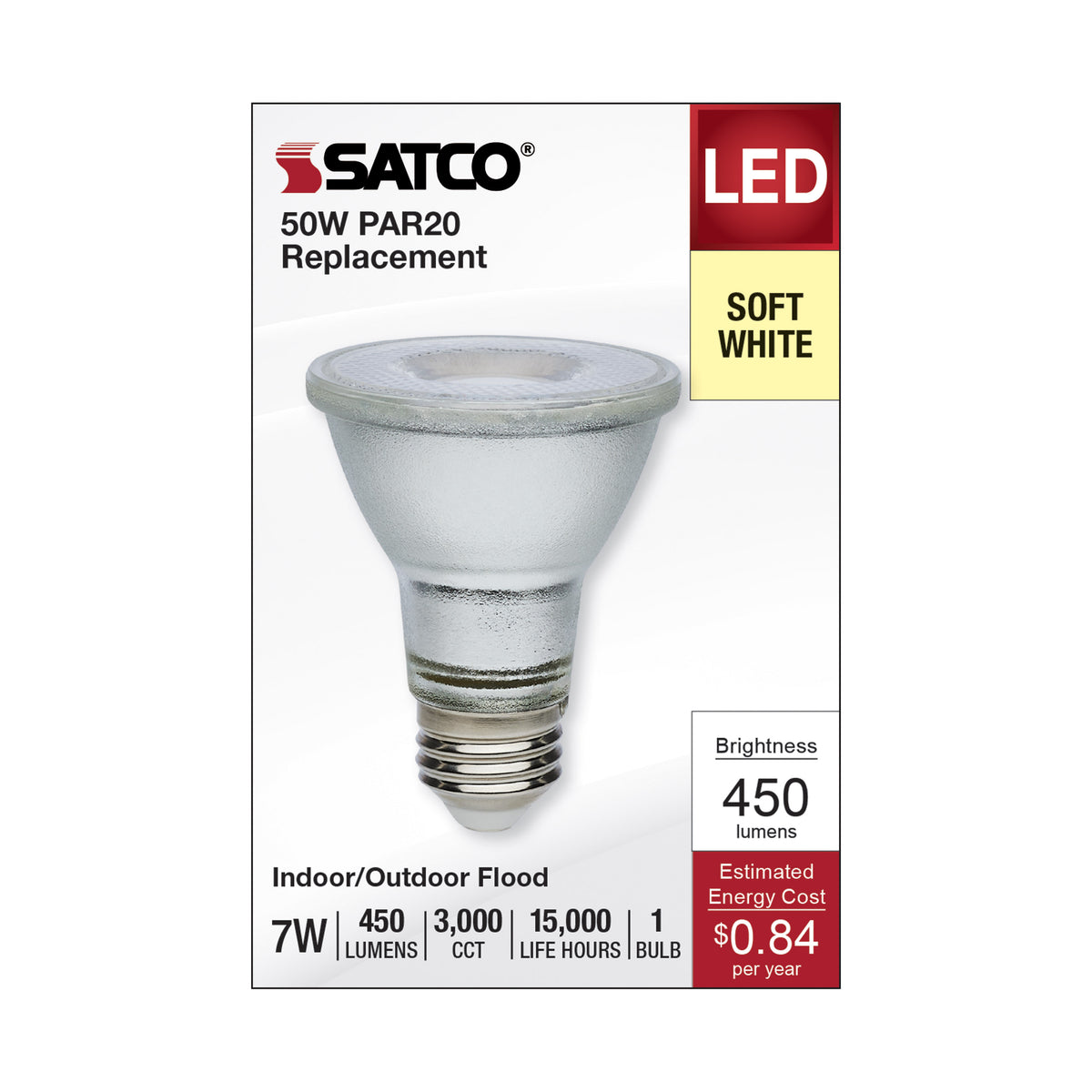 7 Watt Econo LED PAR20 - 3000K - 35 Degree Beam Angle - Medium Base - 120-277 Volt - Silver Finish