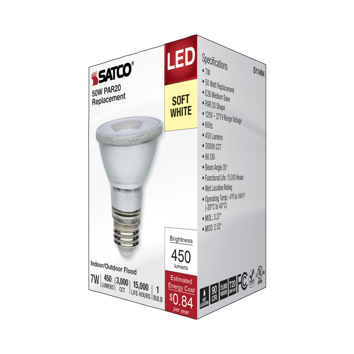 7 Watt Econo LED PAR20 - 3000K - 35 Degree Beam Angle - Medium Base - 120-277 Volt - Silver Finish