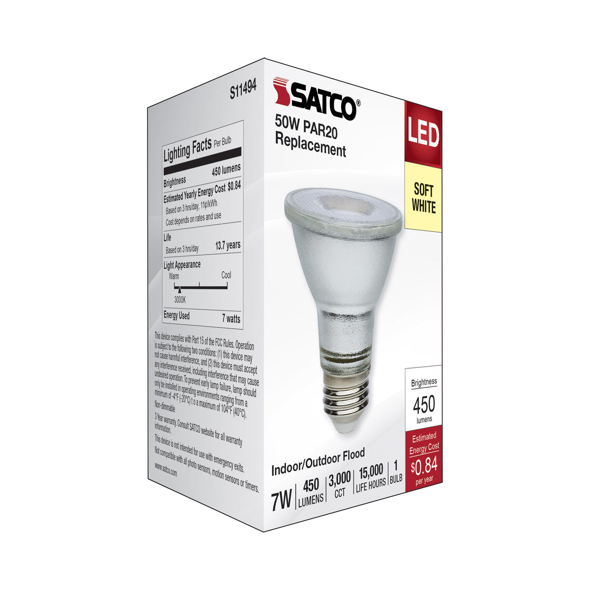 7 Watt Econo LED PAR20 - 3000K - 35 Degree Beam Angle - Medium Base - 120-277 Volt - Silver Finish