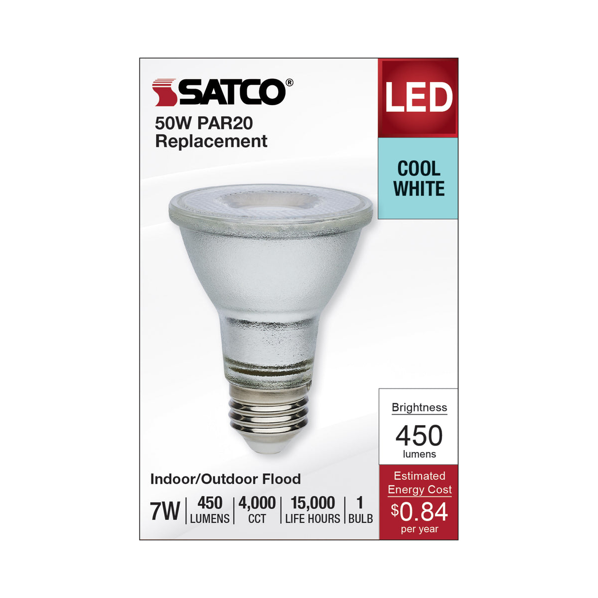 7 Watt Econo LED PAR20 - 4000K - 35 Degree Beam Angle - Medium Base - 120-277 Volt - Silver Finish
