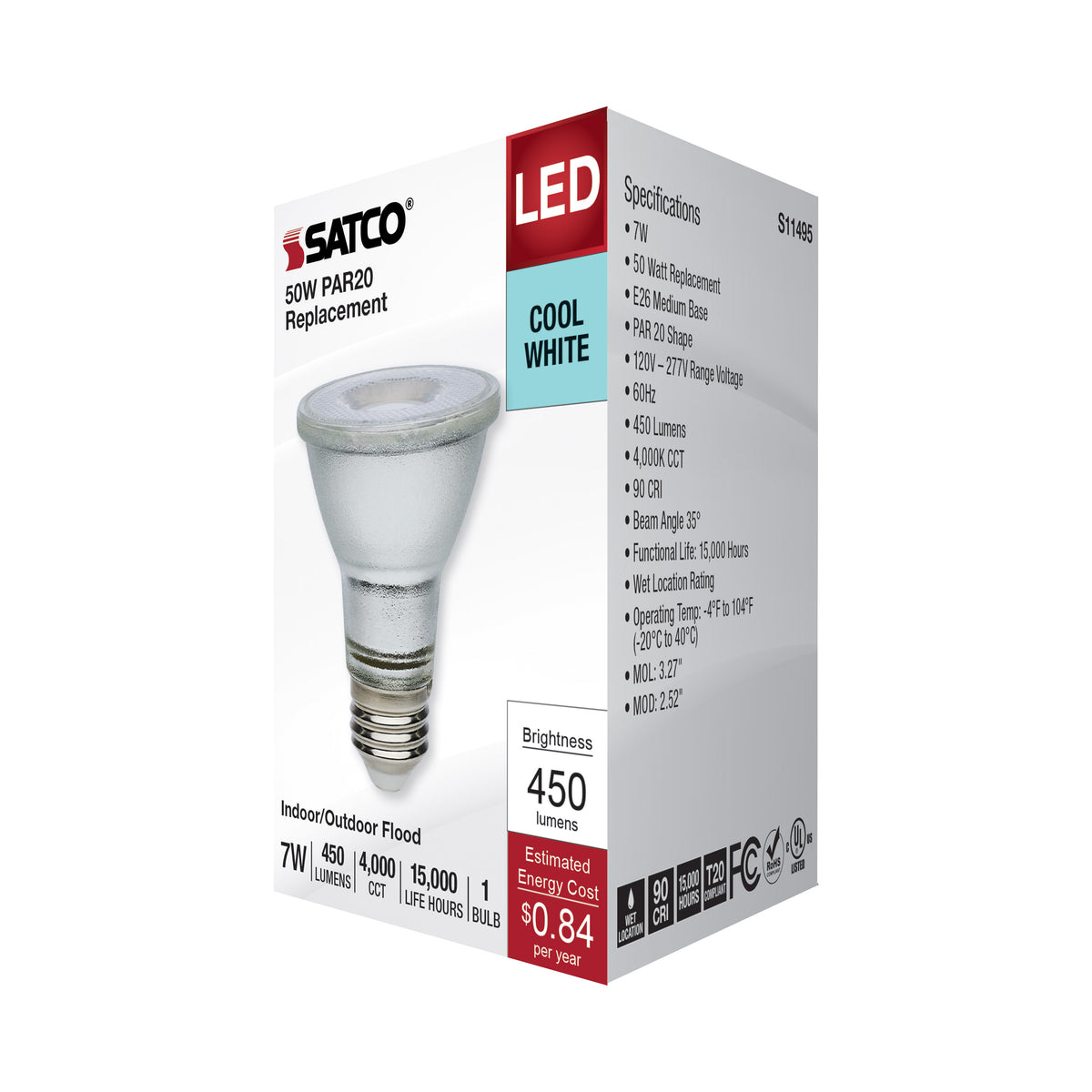 7 Watt Econo LED PAR20 - 4000K - 35 Degree Beam Angle - Medium Base - 120-277 Volt - Silver Finish