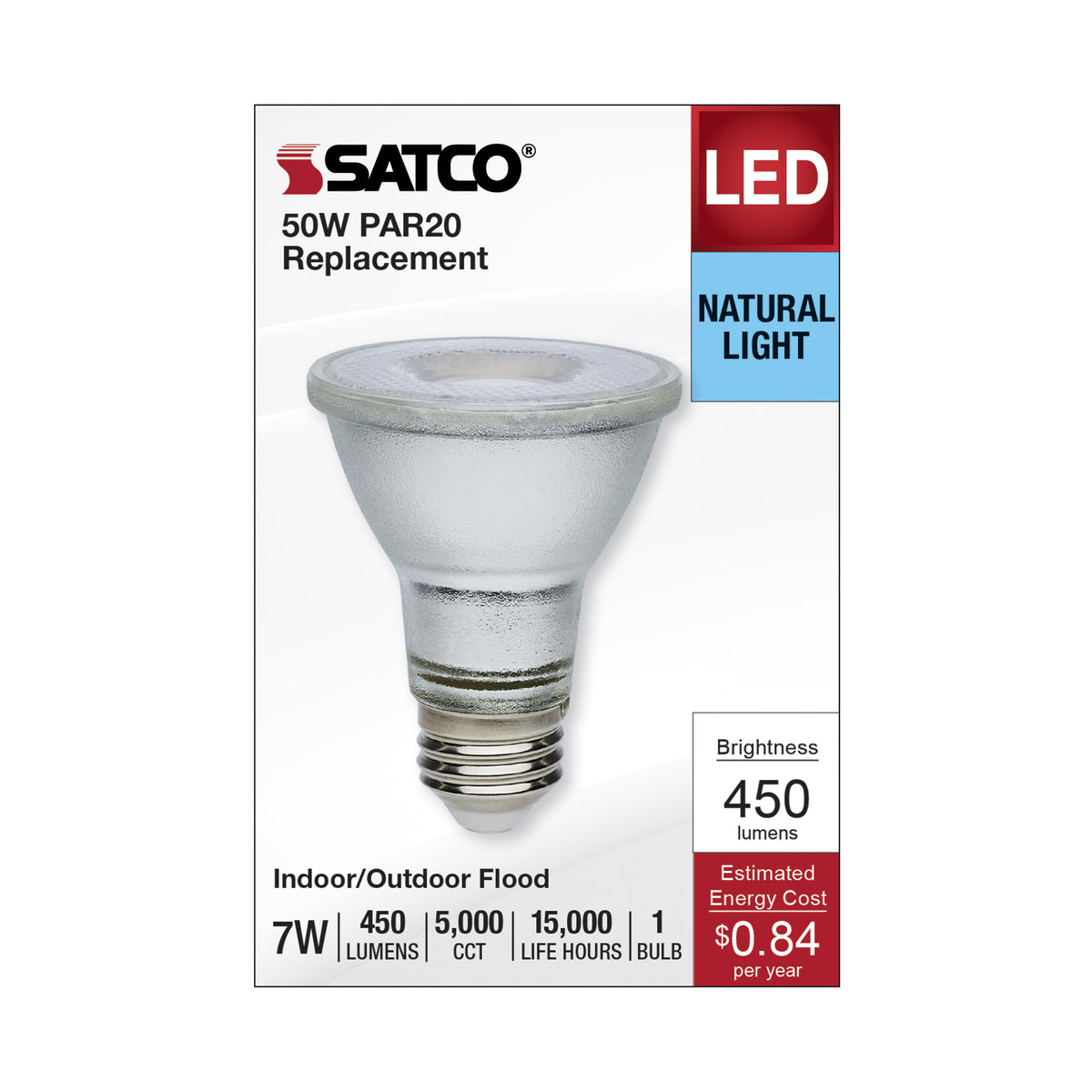 7 Watt Econo LED PAR20 - 5000K - 35 Degree Beam Angle - Medium Base - 120-277 Volt - Silver Finish