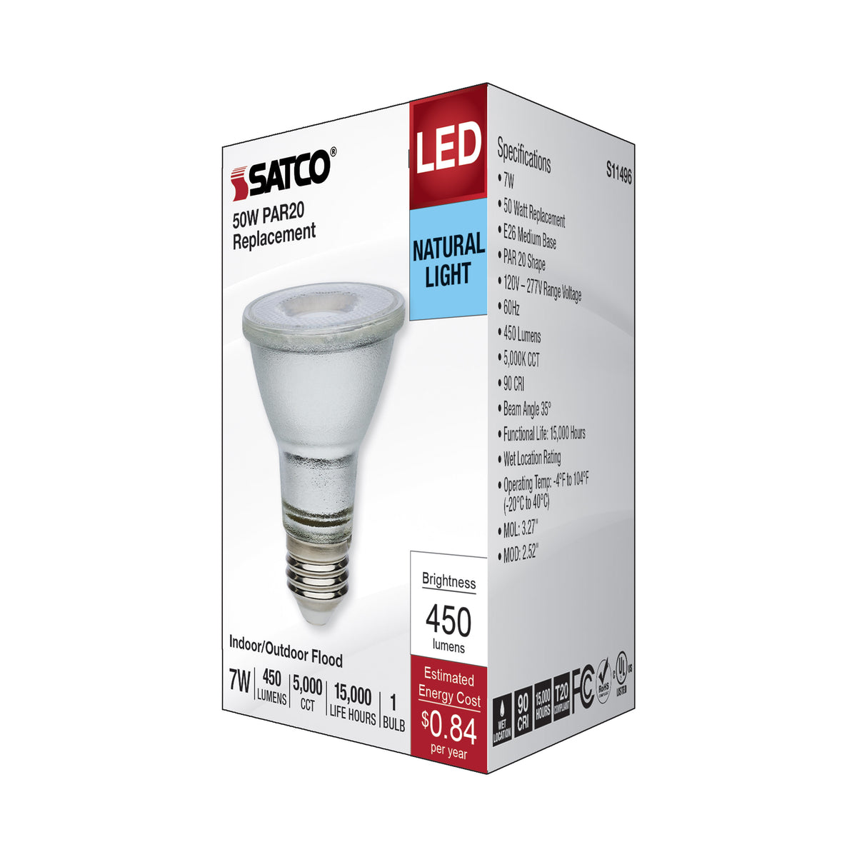7 Watt Econo LED PAR20 - 5000K - 35 Degree Beam Angle - Medium Base - 120-277 Volt - Silver Finish