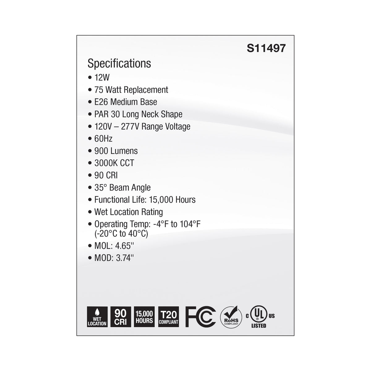 12 Watt Econo LED PAR30LN - 3000K - 35 Degree Beam Angle - Medium Base - 120-277 Volt - Silver Finish