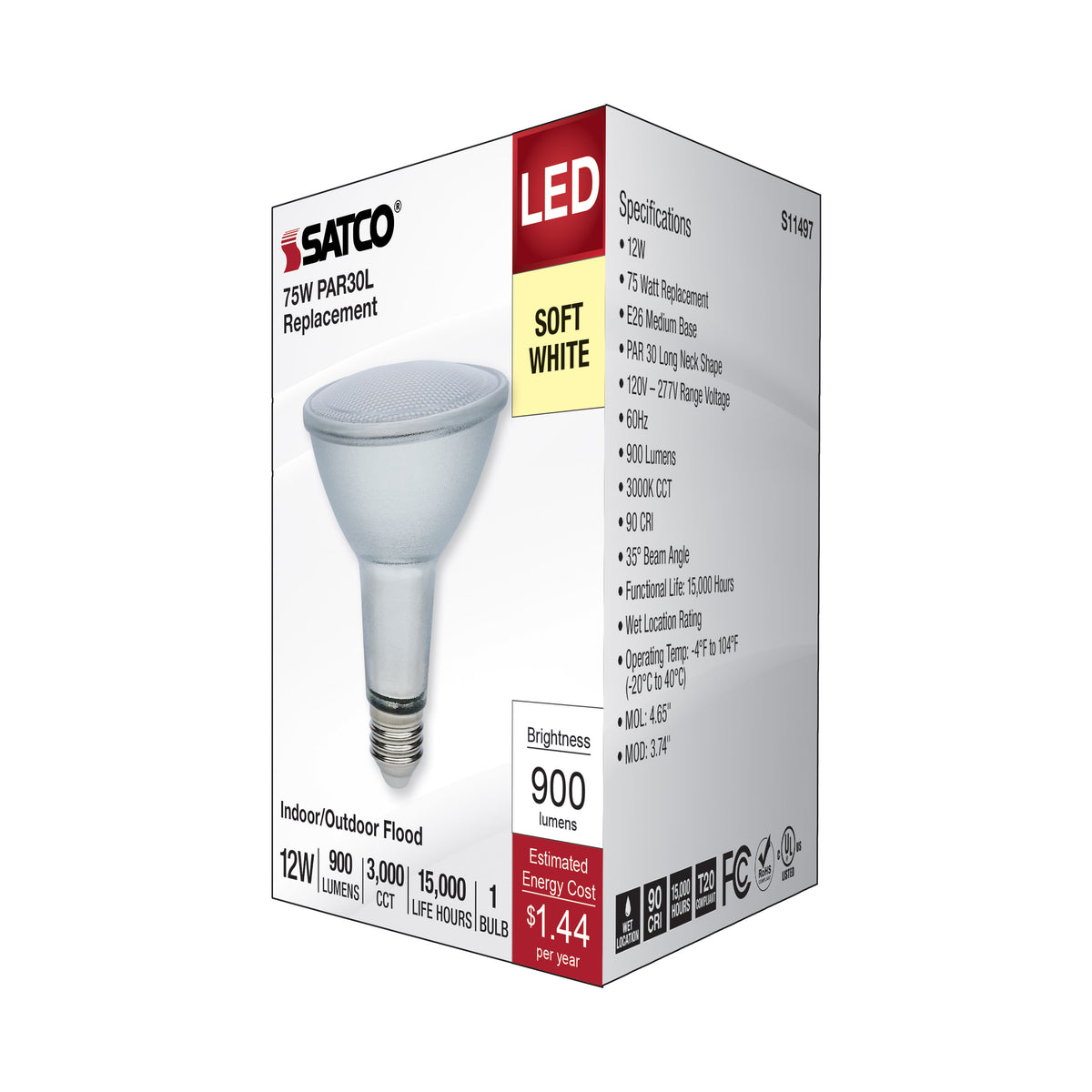 12 Watt Econo LED PAR30LN - 3000K - 35 Degree Beam Angle - Medium Base - 120-277 Volt - Silver Finish